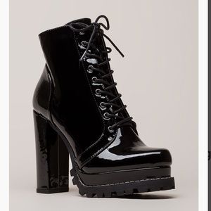 Platform faux patent leather booties